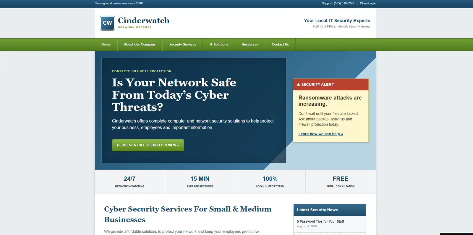 Generic Cinderwatch cybersecurity website before the redesign concept