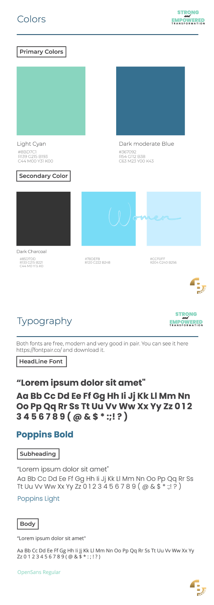 Strong and Empowered color palette and typography guidelines